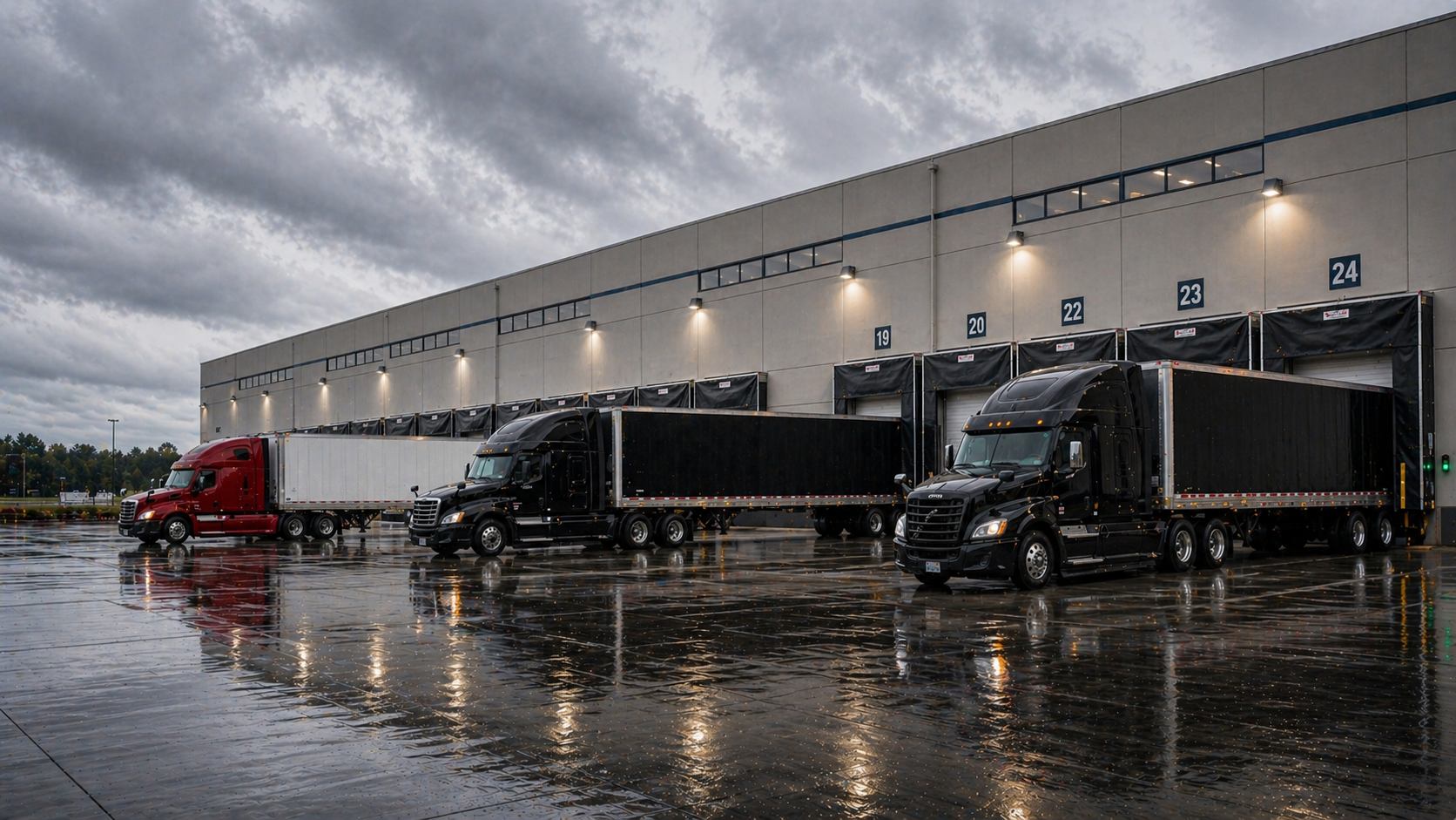 Images of a group of semis waiting at a depot.